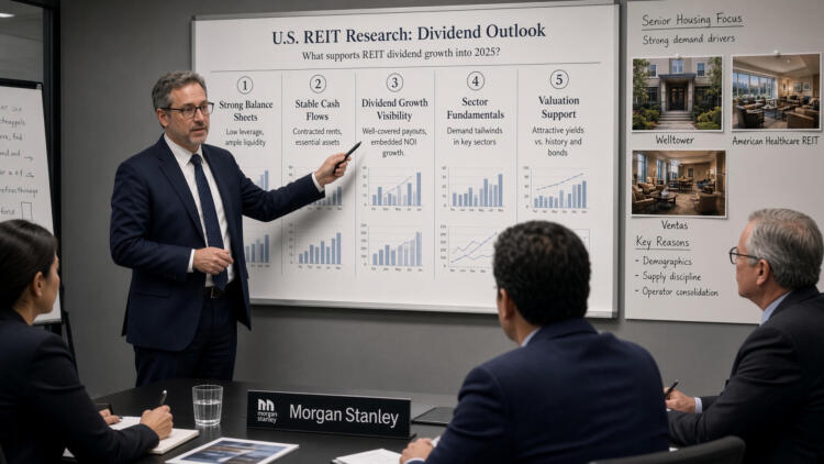Presentador de Morgan Stanley muestra gráficos sobre REIT inmobiliarios a ejecutivos.