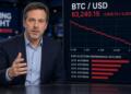 Un analista presenta gráficos sobre el rendimiento de Bitcoin y elecciones en pantalla.
