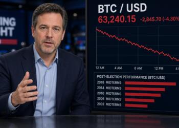 Un analista presenta gráficos sobre el rendimiento de Bitcoin y elecciones en pantalla.