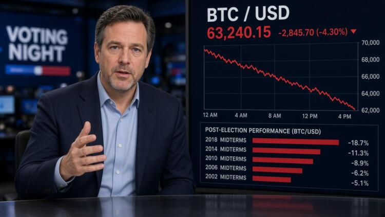 Un analista presenta gráficos sobre el rendimiento de Bitcoin y elecciones en pantalla.