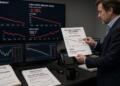 Hombre examina un informe sobre estimaciones de tasas de la Fed con pantallas al fondo.