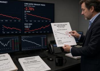 Hombre examina un informe sobre estimaciones de tasas de la Fed con pantallas al fondo.
