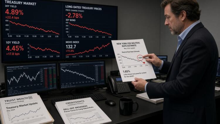 Hombre examina un informe sobre estimaciones de tasas de la Fed con pantallas al fondo.
