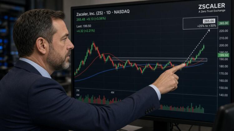 Operador financiero apunta a una pantalla con gráficos bursátiles de la empresa Zscaler.