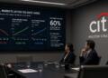 Cuatro ejecutivos de Citi observan gráficos de mercados globales en una gran pantalla.