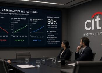 Cuatro ejecutivos de Citi observan gráficos de mercados globales en una gran pantalla.