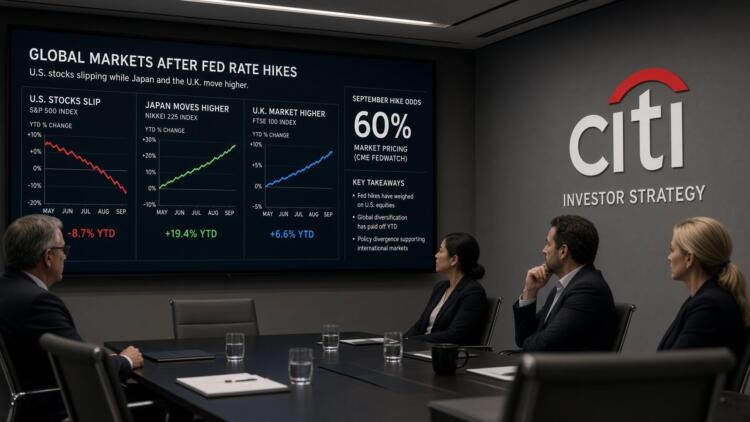 Cuatro ejecutivos de Citi observan gráficos de mercados globales en una gran pantalla.