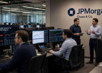 Operadores y analistas de JPMorgan revisan pantallas con cotizaciones de crudo y datos.