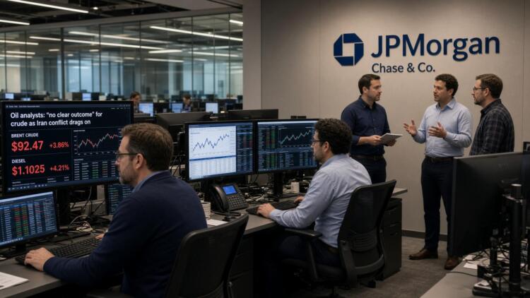 Operadores y analistas de JPMorgan revisan pantallas con cotizaciones de crudo y datos.