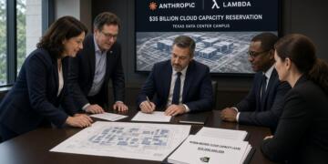 Ejecutivos firman acuerdo de $35 mil millones entre Anthropic y Lambda en una sala.