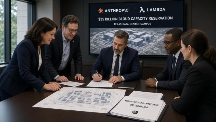 Ejecutivos firman acuerdo de $35 mil millones entre Anthropic y Lambda en una sala.