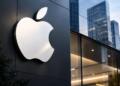 Logotipo de Apple en una fachada corporativa moderna de cristal.