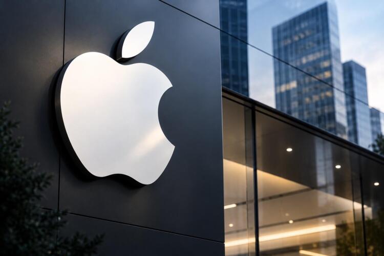 Logotipo de Apple en una fachada corporativa moderna de cristal.