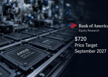 Procesadores AMD en una línea de producción junto al logotipo de Bank of America Equity.