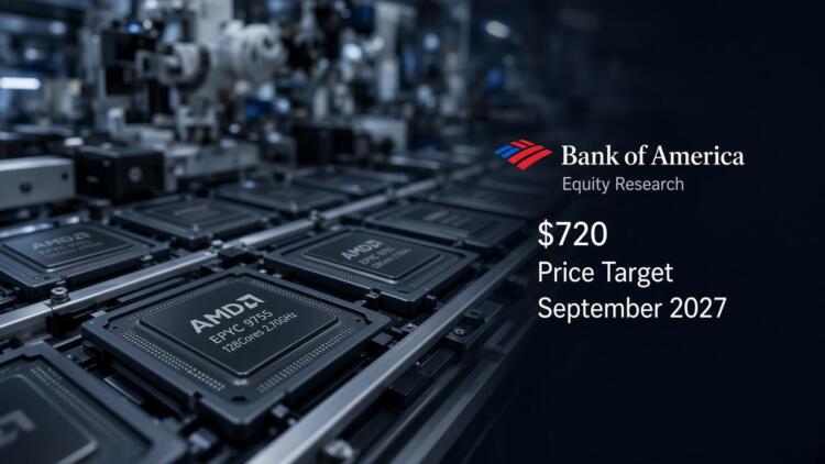 Procesadores AMD en una línea de producción junto al logotipo de Bank of America Equity.