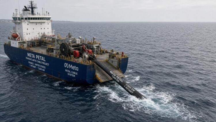 Un barco cablero despliega el cable submarino transatlantic "Meta Petal" en el mar.