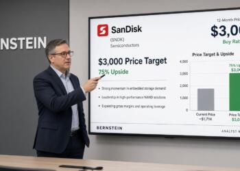 Un analista de Bernstein señala una pantalla con datos y proyecciones de SanDisk.
