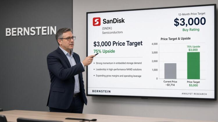Un analista de Bernstein señala una pantalla con datos y proyecciones de SanDisk.