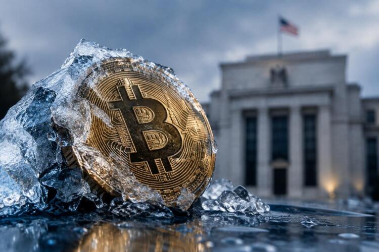 Bitcoin con hielo frente a la Reserva Federal en segundo planos.