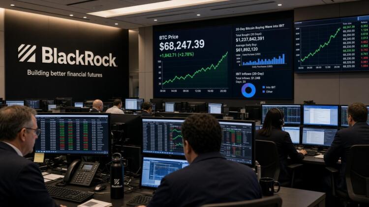 Operadores en la sala de BlackRock observan pantallas con gráficos sobre el precio de Bitcoin.