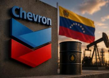 Chevron y petróleo con la bandera de Venezuela en contexto energético.