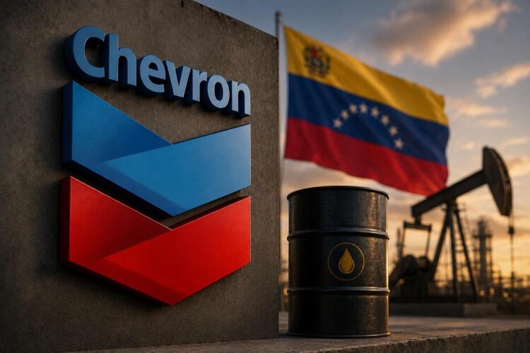 Chevron y petróleo con la bandera de Venezuela en contexto energético.