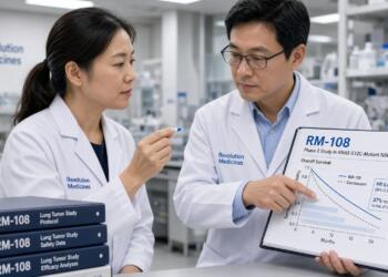 Científicos de Revolution Medicines revisan carpetas y gráficos del estudio RM-108, contra el cáncer.