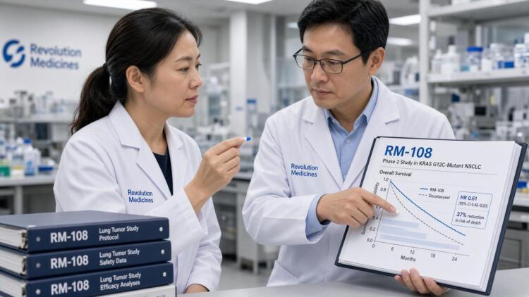 Científicos de Revolution Medicines revisan carpetas y gráficos del estudio RM-108, contra el cáncer.