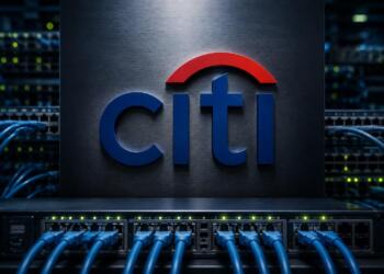 Logo de Citi rodeado por equipos y cables de infraestructura de red.