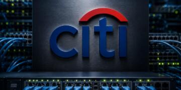 Logo de Citi rodeado por equipos y cables de infraestructura de red.