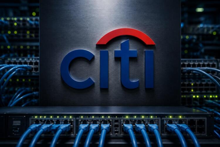 Logo de Citi rodeado por equipos y cables de infraestructura de red.