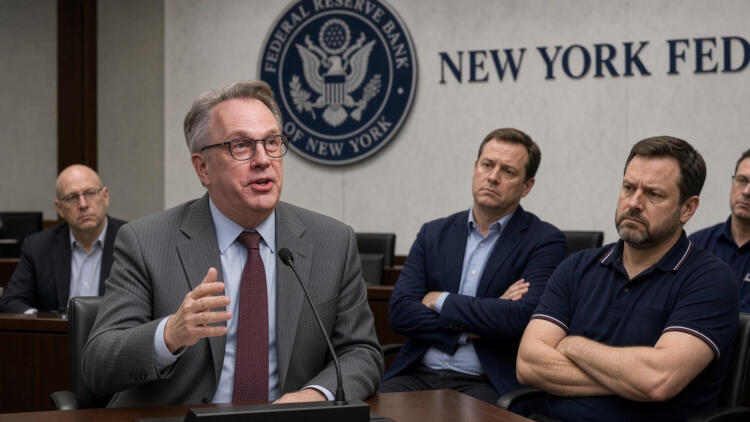 Funcionario habla ante un micrófono en la Reserva Federal de Nueva York.