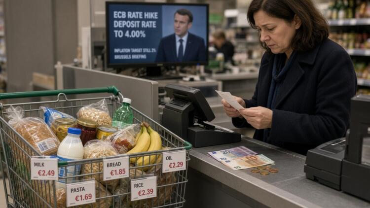 Una mujer revisa un recibo de compra junto a un carrito con comestibles y una pantalla.