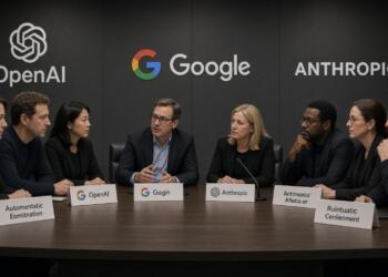 Ejecutivos de OpenAI, Google y Anthropic sentados en una mesa durante una cumbre tecnológica.