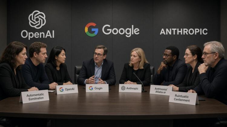 Ejecutivos de OpenAI, Google y Anthropic sentados en una mesa durante una cumbre tecnológica.