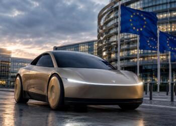 Cybercab de Tesla frente a banderas de la Unión Europea al atardecer.