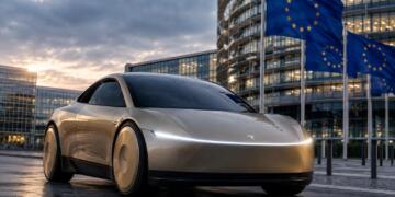 Cybercab de Tesla frente a banderas de la Unión Europea al atardecer.