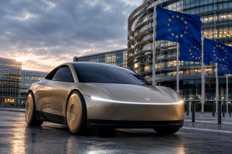Cybercab de Tesla frente a banderas de la Unión Europea al atardecer.