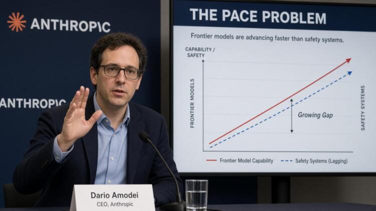 Dario Amodei, CEO de Anthropic, habla frente a un gráfico sobre seguridad en la IA.