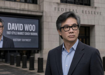 El analista David Woo de pie frente a un edificio de la Reserva Federal y una pantalla.