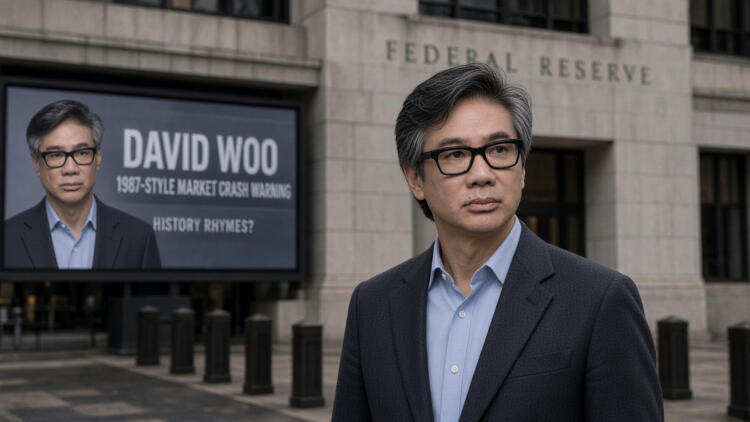 El analista David Woo de pie frente a un edificio de la Reserva Federal y una pantalla.