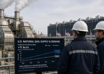 Ingenieros observan una pantalla con gráficos sobre la demanda de gas natural en EE. UU.