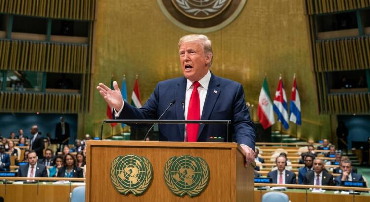 Donald Trump en el podio de la ONU con banderas de Irán y Cuba al fondo.