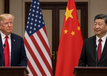 Donald Trump y Xi Jinping en estrado con micrófonos frente a banderas de EE. UU. y China.
