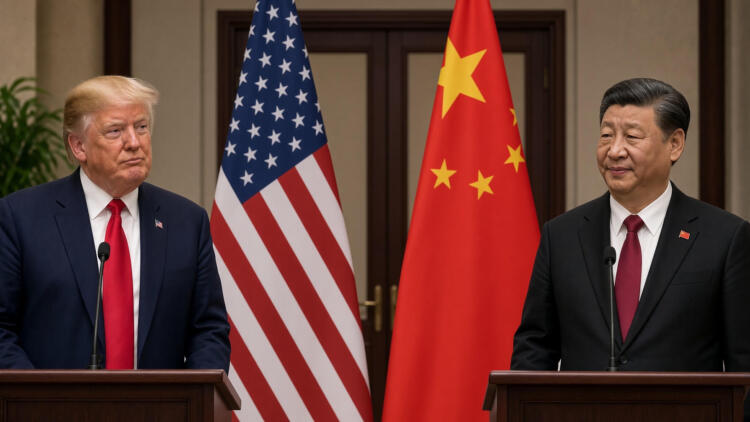 Donald Trump y Xi Jinping en estrado con micrófonos frente a banderas de EE. UU. y China.