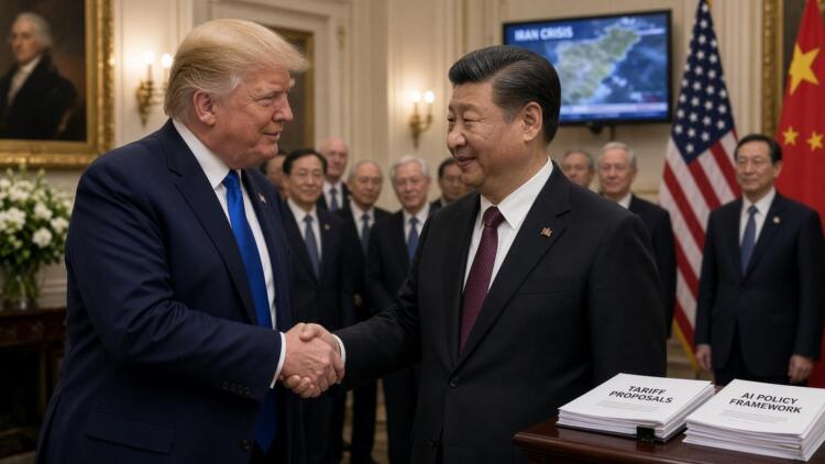 Donald Trump y Xi Jinping se estrechan las manos junto a banderas de EE. UU. y China.