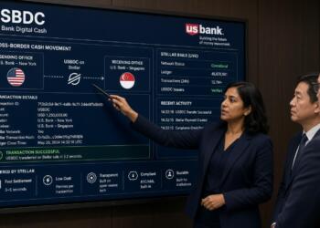 Ejecutiva de U.S. Bank señala detalles de transferencia internacional en una pantalla.