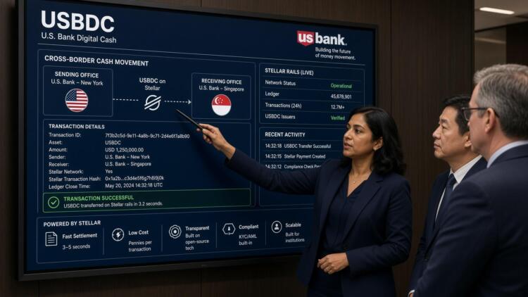 Ejecutiva de U.S. Bank señala detalles de transferencia internacional en una pantalla.