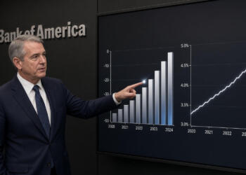 Un ejecutivo de Bank of America señala un gráfico de barras e indicadores en una pantalla.