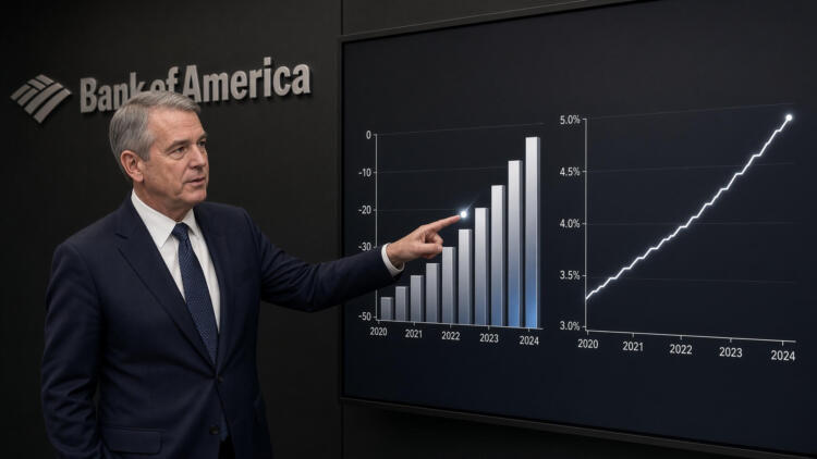 Un ejecutivo de Bank of America señala un gráfico de barras e indicadores en una pantalla.